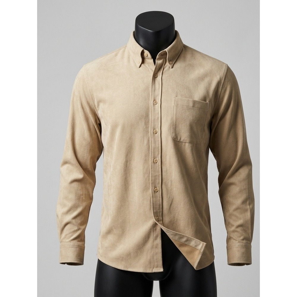 Bachrach Mens Camel Faux Suede Button Up Shirt Long Sleeve Pocket Casual Size XL